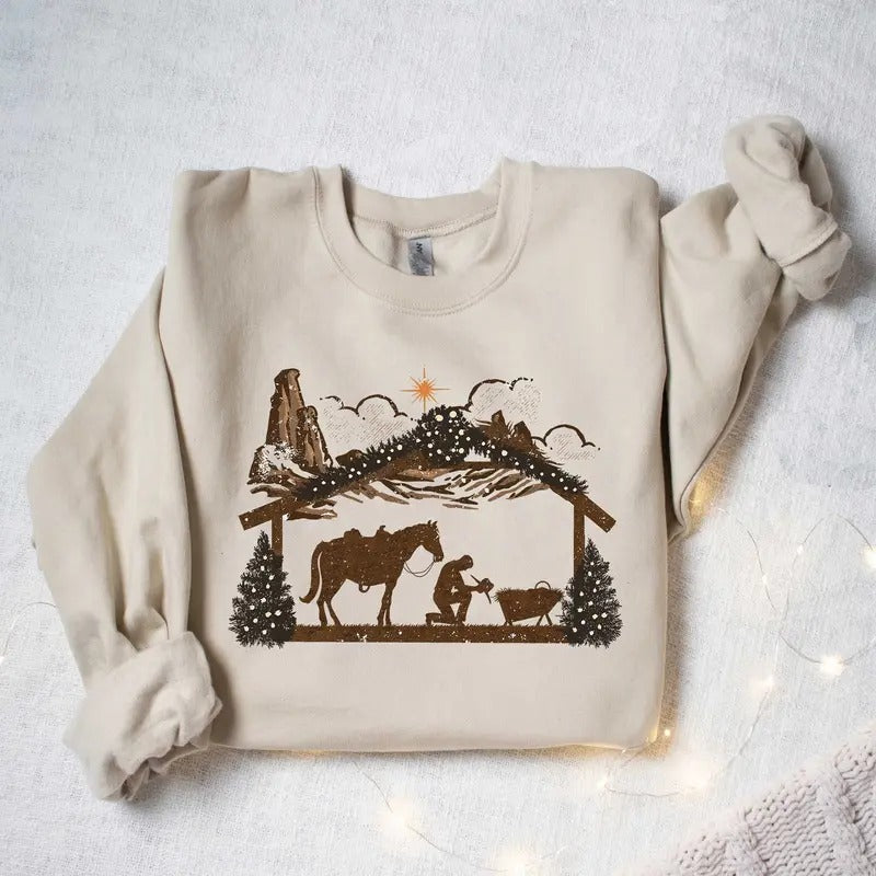 Praying Cowboy Manger, Religious Western Christmas Cowboy, Western Christmas Sweatshirt, Christmas Gift for Christian...