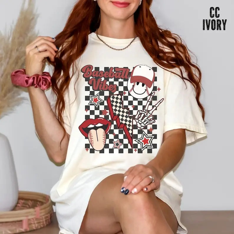 Premium   Retro Checkered Baseball Vibes Graphic Tee, Baseball Shirt, Retro Baseball Shirt, Baseball Mom Shirt, Cute...
