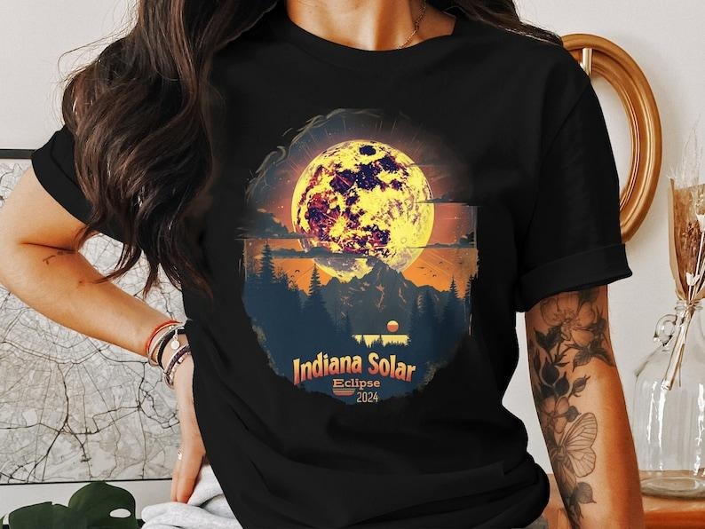 Premium  Indiana Solar Eclipse 2024 T-Shirt, Indiana Eclipse Graphic Tee, Nature Astronomy Shirt, Forest and Moon Design,...