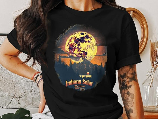 Premium  Indiana Solar Eclipse 2024 T-Shirt, Indiana Eclipse Graphic Tee, Nature Astronomy Shirt, Forest and Moon Design,...