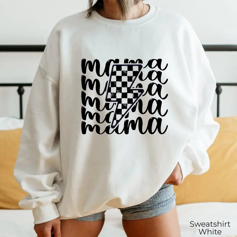 Premium  Mama Sweatshirt, Trendy Lightning Themed Shirt, Minimalist Mother's Day Hoodie, Checkered Sweater For Mom, Gift...