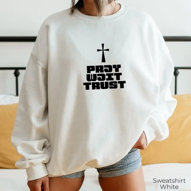 Premium  Pray Wait Trust Sweatshirt, Crucifix Themed Retro Hoodie, Trust in God Faithful Shirt, Religious Vibes Sweater,...