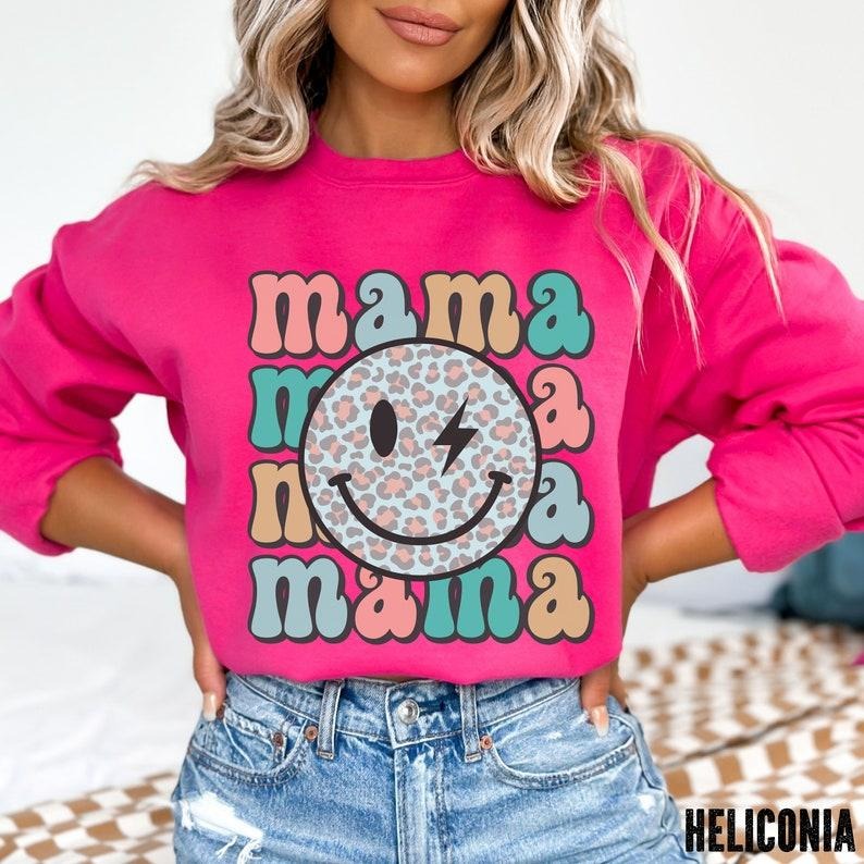 Premium  Retro Mama Sweatshirt, Smiley Face Mama Sweater, Mother's Day Shirt For Mom, Mom Sweatshirt's, Pregnancy...