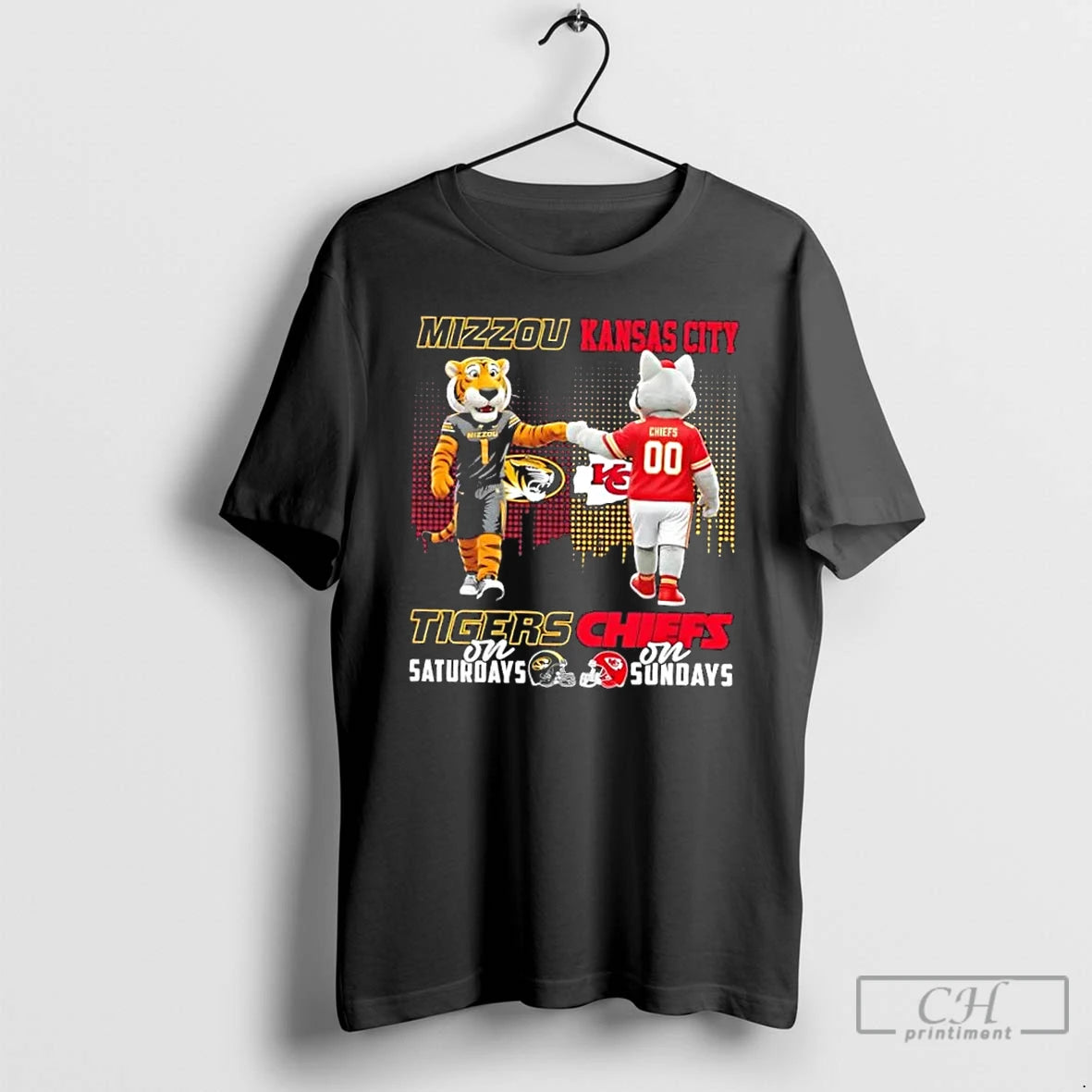 Premium Mascots Missouri Tigers On Saturdays X Kansas City Chiefs On Sundays Skyline T Shirts Hoodie, Sweatshirt