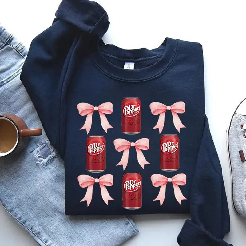 Preppy Coquette Bow Dr. Pepper Crewneck, Girlie Shirt, Dr. Pepper with pink bow, soft girl era, ribbon shirt, coquette...