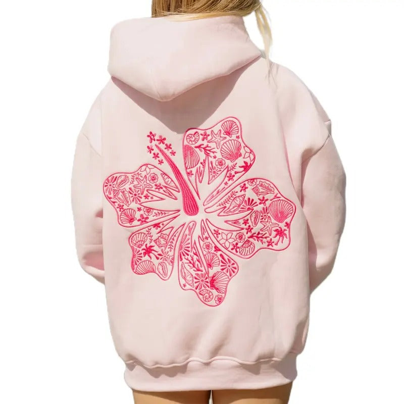 Preppy Embroidery Hibiscus Hoodies for Teen Girls Y2K Women Long Sleeve Oversized Graphic Pullover Sweatshirt Top T-Shirts