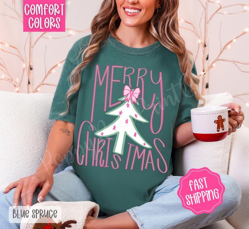 Preppy Merry Christmas Comfort Colors, Trendy Women's Holiday Tshirt Hoodie, Sweatshirt | WearSparks.com