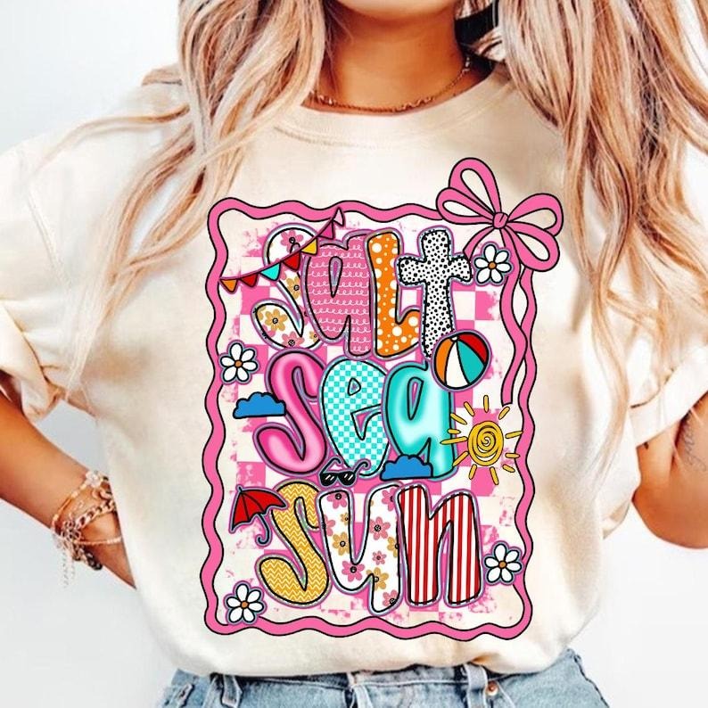 Preppy Summer Salt Sea Sun Retro Summer Vibes Pink Summer Checkered Beach Hello Summer Girly Summer Coquette T-Shirt...