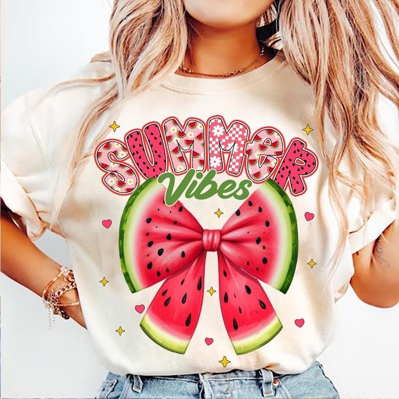 Preppy Summer Vibes Watermelon Bow Coquette Cute Trendy Girly Summer T-Shirt Hoodie, Sweatshirt | WearSparks.com