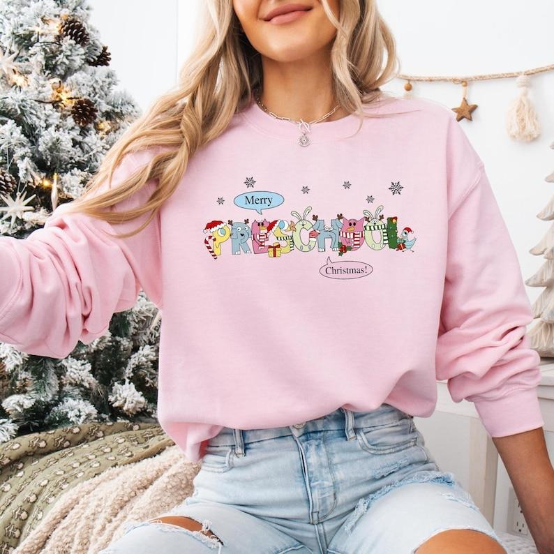Preschool Teacher Christmas Sweatshirt, Elephant And Piggie Christmas T-shirt, Santa's Favorite Teacher Shirt, Preschool...