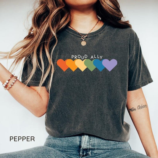 Proud Ally Shirt, Ally Pride Outfit, LGBTQ T-Shirt, Pride Month Clothing, Rainbow Hearts Gay Pride Shirt, Equality Shirt,...