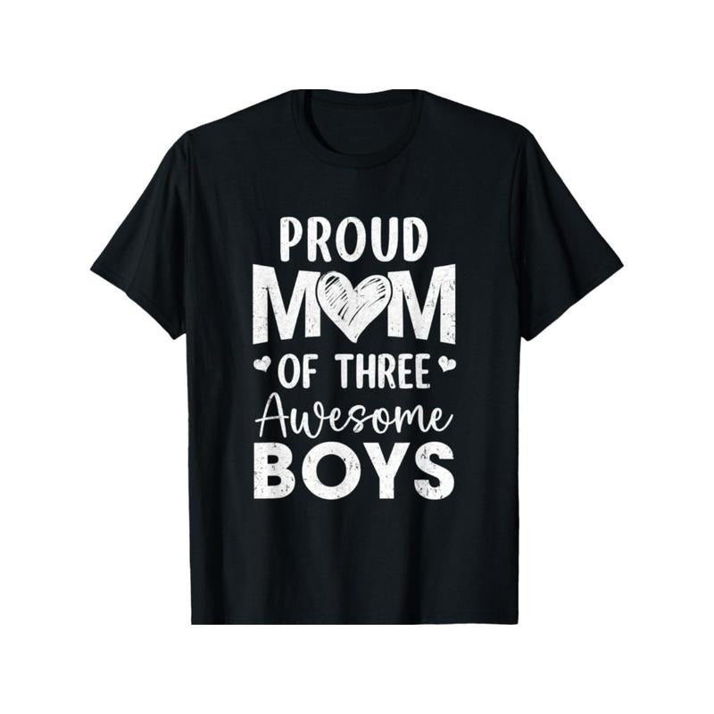 Proud Mom of Three Awesome Boys" - Men's Black Cotton T-Shirt, Casual Crew Neck, Short Sleeve, All-Season Comfort