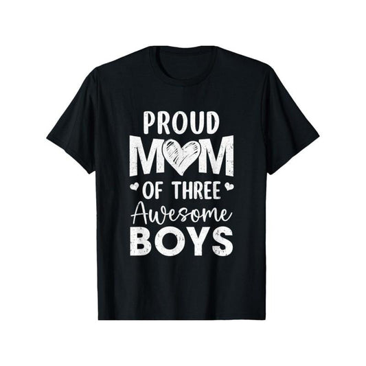 Proud Mom of Three Awesome Boys" - Men's Black Cotton T-Shirt, Casual Crew Neck, Short Sleeve, All-Season Comfort