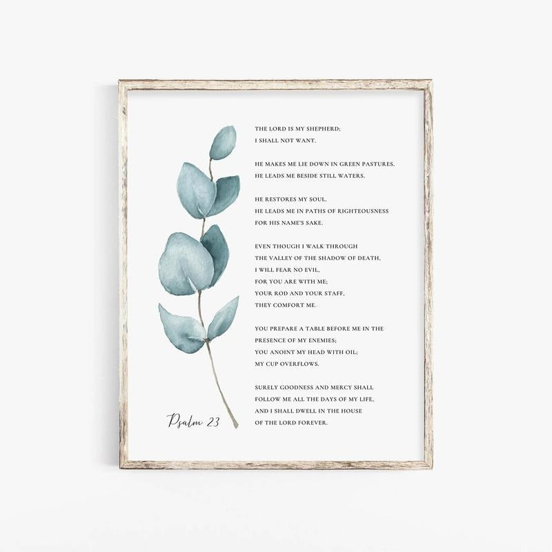 Psalm 23 The Lord Is My Shepherd Poster, Botanical Scripture Sign Christian Art Print, Baptism Gift, Gifts For Christian...