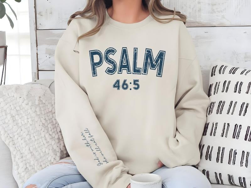 Psalm 46 Bible Verse Sleeve Crewneck Sweatshirt God Is With Her Bible Quote Faith Christian Crewneck Long Sleeve...