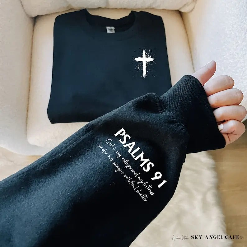 Psalms 91 Sleeve with Cross Sweatshirt, Church Bible Study Matching Tops, Christian Religious Bible Verse, Faith Based...