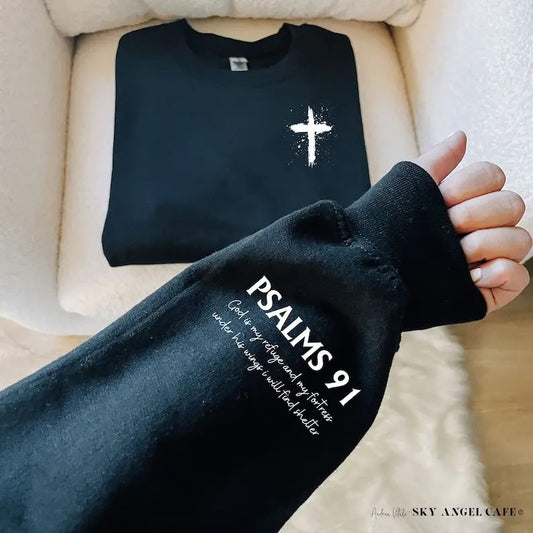 Psalms 91 Sleeve with Cross Sweatshirt, Church Bible Study Matching Tops, Christian Religious Bible Verse, Faith Based...