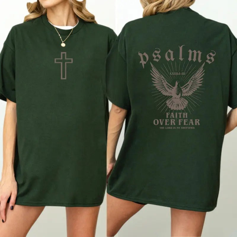 Psalms Faith Over Fear T-Shirt - Men's Casual Tops with Cross & Dove Design, 100% Cotton, Available in Various Colors,...