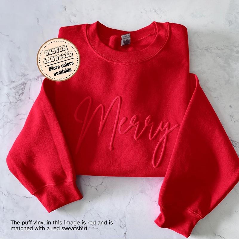 Puff Print Merry Christmas Sweatshirt, Puff Print Letter Winter Sweater, Christmas Crewneck, Family Holiday Sweater,...