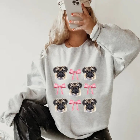 Pug with bows Sweatshirt ~ Sweatshirt Unisex Apparel Relaxed Fit Printed in the USA Clothing Womenswear Casual and...