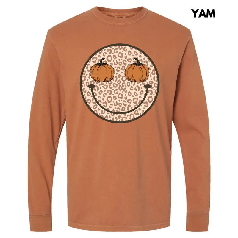 Pumpkin Leopard Happy Face Long Sleeve Comfort Colors T-Shirt 'NLB' Hoodie, Sweatshirt | WearSparks.com