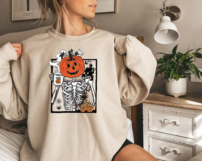 Pumpkin Skeleton Drinking Coffee Shirt, Funny Halloween T shirt, Skeleton Coffee Lover Shirts, Enjoy Pumpkin Sweatshirt,...