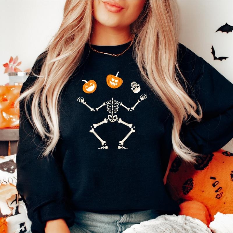 Pumpkin Skeleton Sweatshirt, Funny Halloween Hoodie, Unisex Fall Gift Sweater, Spooky Season Sweater, Dancing Skeleton...