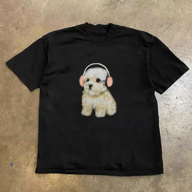 Puppy Listening T-Shirt, Unisex Graphic Tees Gothic Grunge Y2k Emo Scene Amity Affliction Style Clothes Menswear...