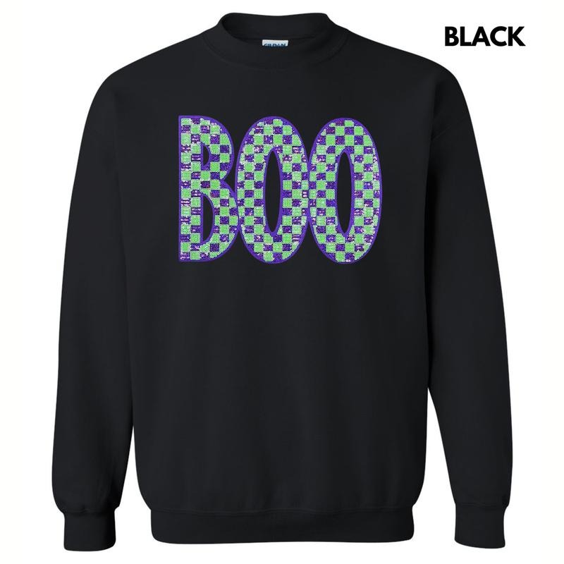 Purple & Green BOO Sequin Patch Sweatshirt T-Shirts, Hoodie | WearSparks.com
