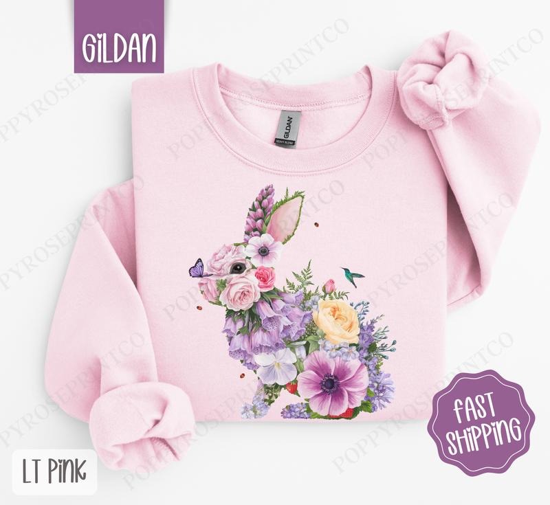 Purple Floral Bunny Sweatshirt, Easter Crewneck, Trendy Bunny Women's Sweater, Gift for Her T-Shirts, Hoodie | WearSparks.com