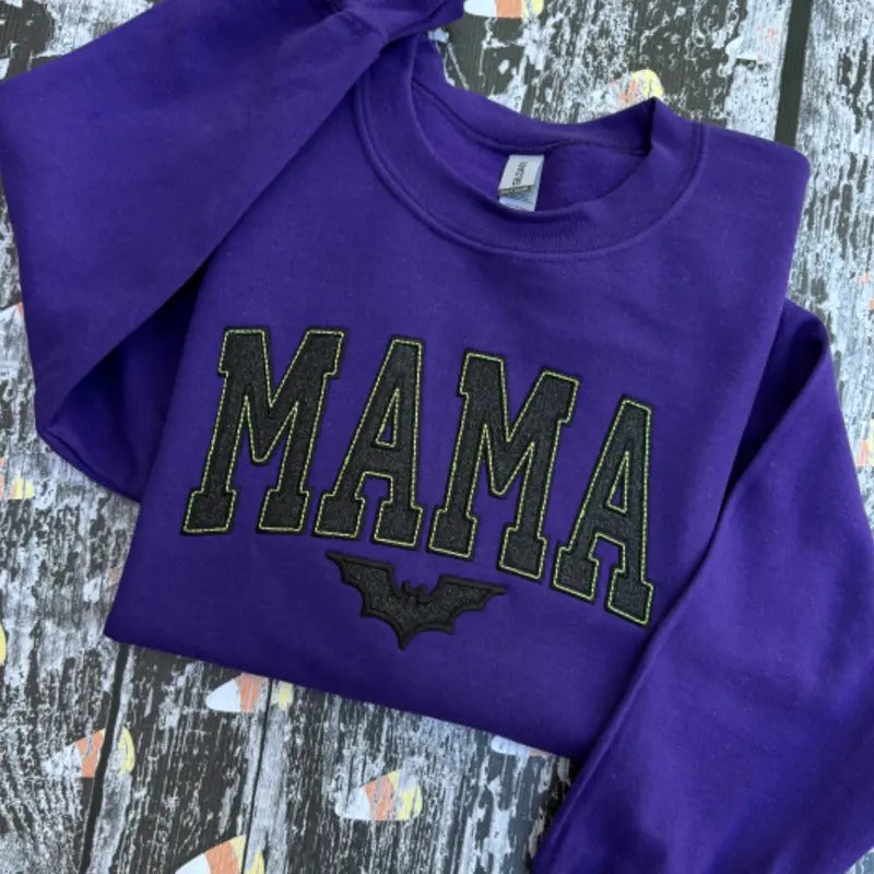 Purple Mama Bat Embroidered Glitter Crewneck Sweatshirt T-Shirts, Hoodie | WearSparks.com