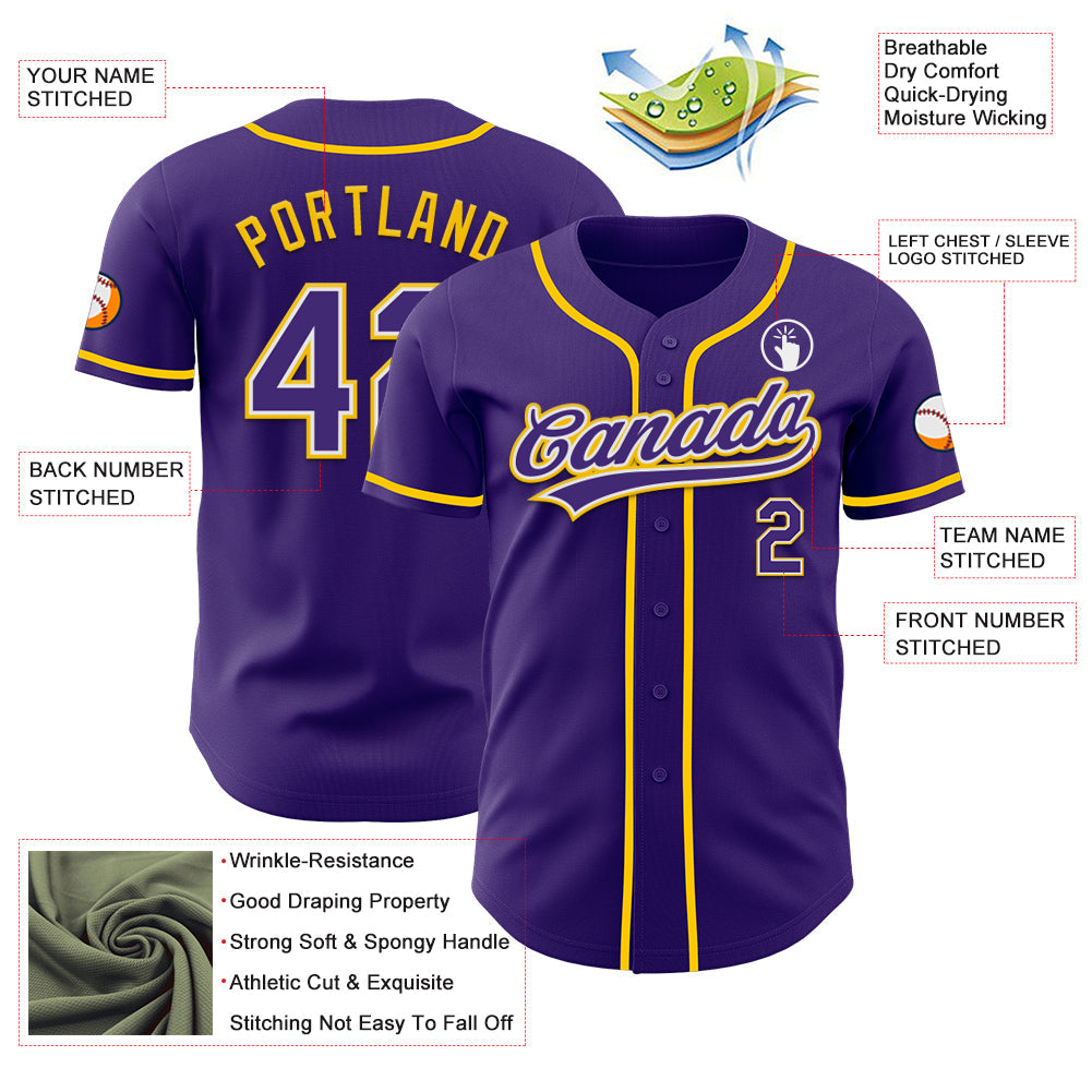 Custom Purple White-Yellow Authentic Baseball Jersey