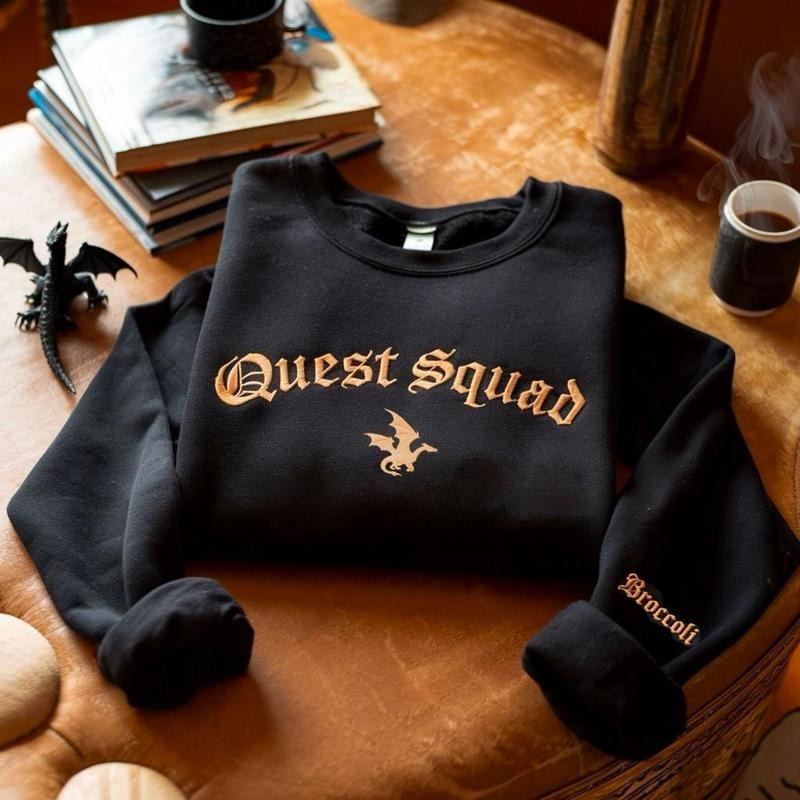 Quest Squad Embroidered Crewneck, Basgiath War College Shirt, Fourth Wing Embroidered Sweatshirt, Iron Flame Hoodie, Onyx...