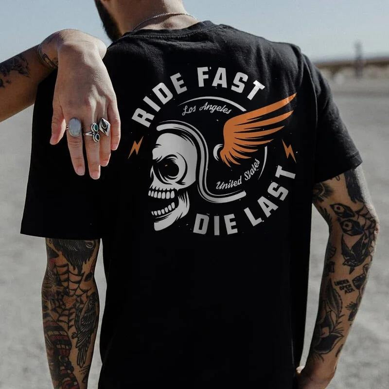 RIDE FAST DIE LAST Crazy Skull with a wings helmet Back Side Print T-shirt -  Sweatshirt