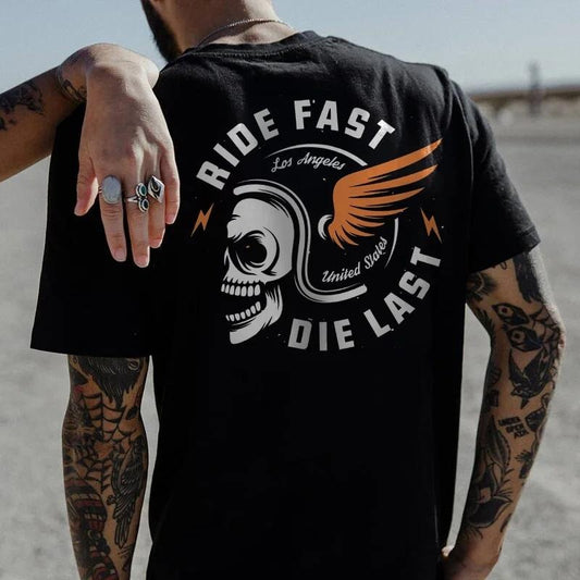 RIDE FAST DIE LAST Crazy Skull with a wings helmet Back Side Print T-shirt -  Sweatshirt