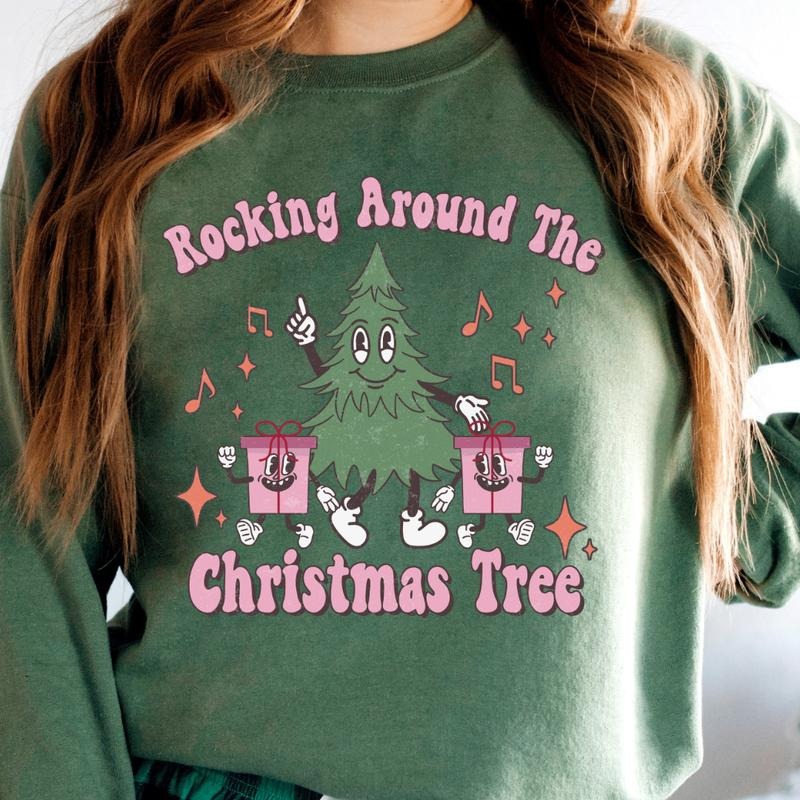 ROCKIN' AROUND THE CHRISTMAS TREE RETRO CREWNECK (Crewneck Sweatshirt, Unisex Fit, Causal Sweatshirt for Christmas,...