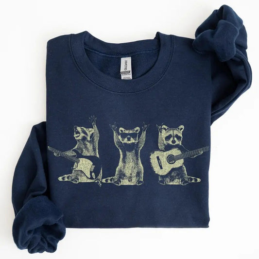 Raccoon Band, Playing Guitar, Funny Animals Sweatshirt, Crew Neck, Crewneck, Soft Unisex Graphic Casual T-Shirts, Hoodie