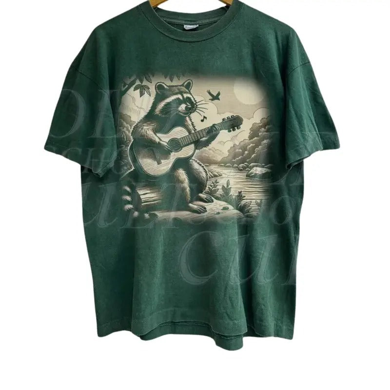 Raccoon Playing Guitar Vintage 90s Graphic Shirt, Raccoon Guitar Lovers Tee, Wild Free, Trash Panda Musician Washed...