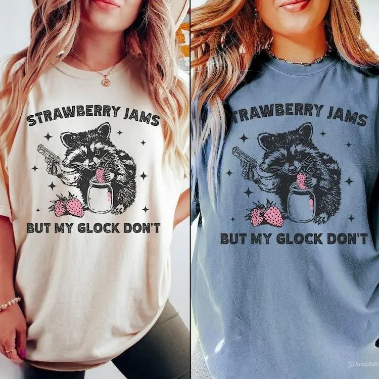 Raccoon Shirt, Strawberry Jams But My Glock Dont, Funny Raccoon Shirt, Funny Meme T-Shirt, Unisex Classic Cotton Tee with...