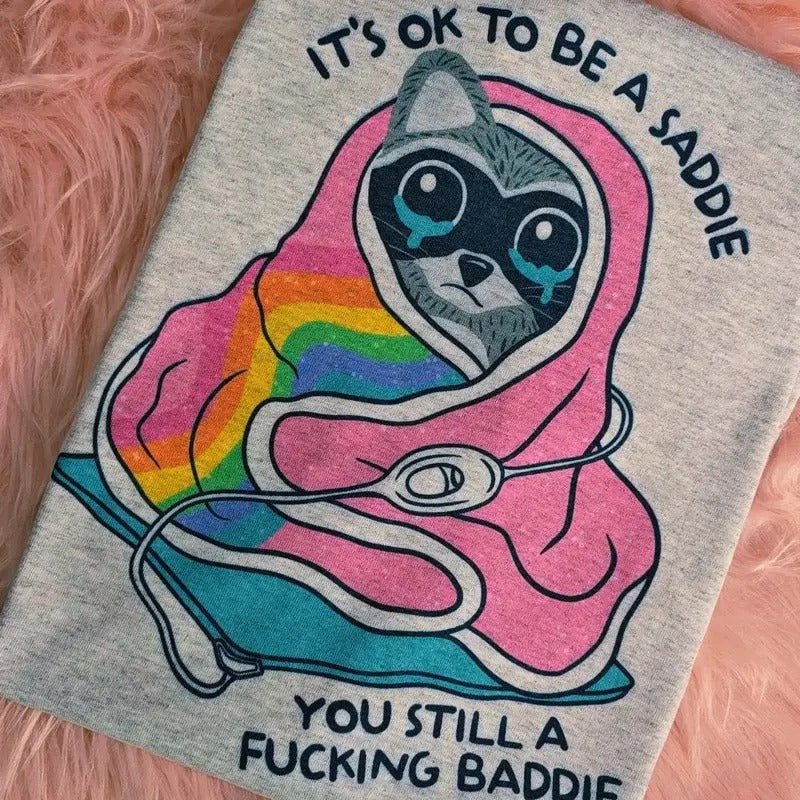 Raccoon it's ok to be a saddie you still a baddie Graphic Tee Hoodie, Sweatshirt | WearSparks.com