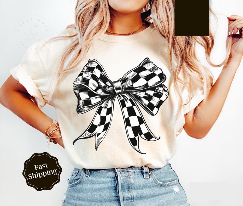 Race Checkered Bow Shirt, Car Racing Tee, Womenswear Crewneck Hoodie, Sweatshirt | WearSparks.com