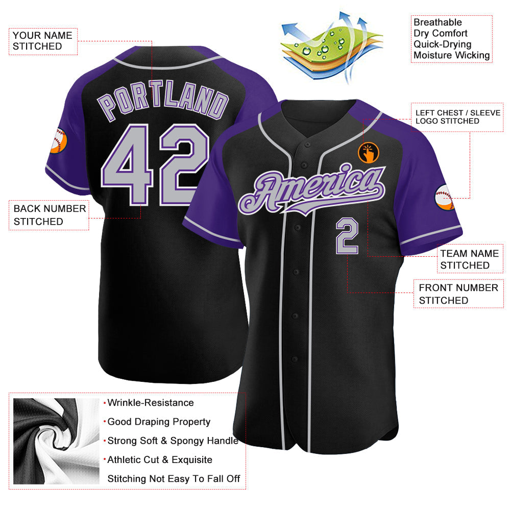 Custom Black Gray-Purple Authentic Raglan Sleeves Baseball Jersey T-Shirts, Hoodie, Sweatshirt | WearSparks.com (Image 3)