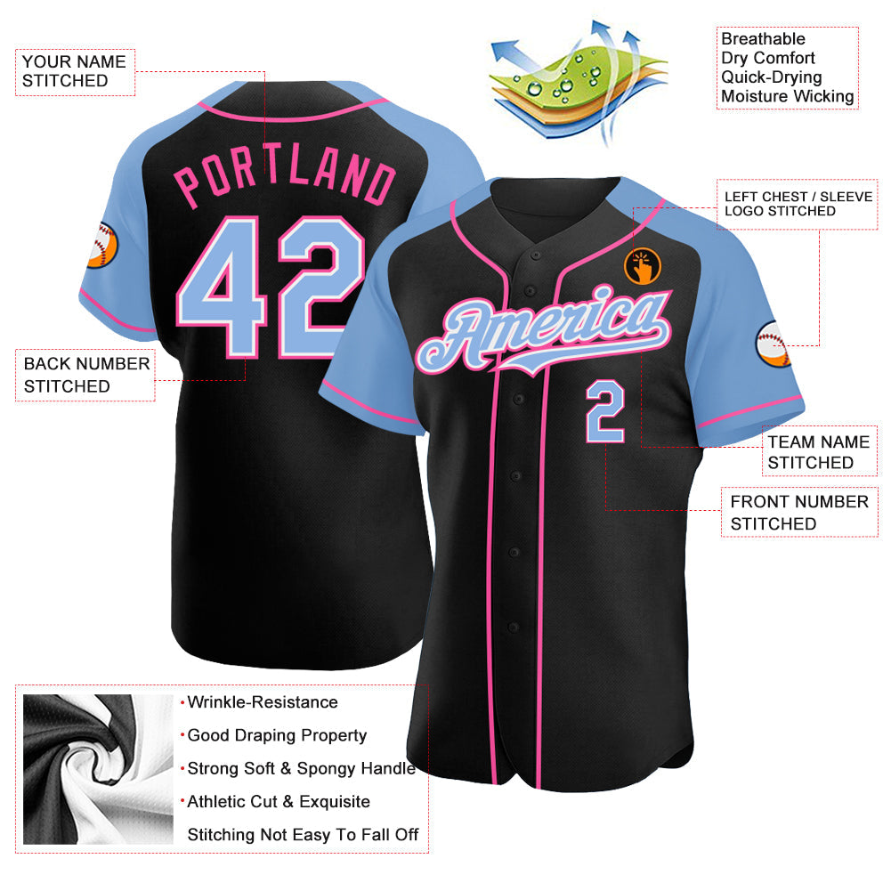 Custom Black Light Blue-Pink Authentic Raglan Sleeves Baseball Jersey T-Shirts, Hoodie, Sweatshirt | WearSparks.com (Image 3)