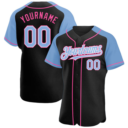Custom Black Light Blue-Pink Authentic Raglan Sleeves Baseball Jersey T-Shirts, Hoodie, Sweatshirt | WearSparks.com (Image 1)