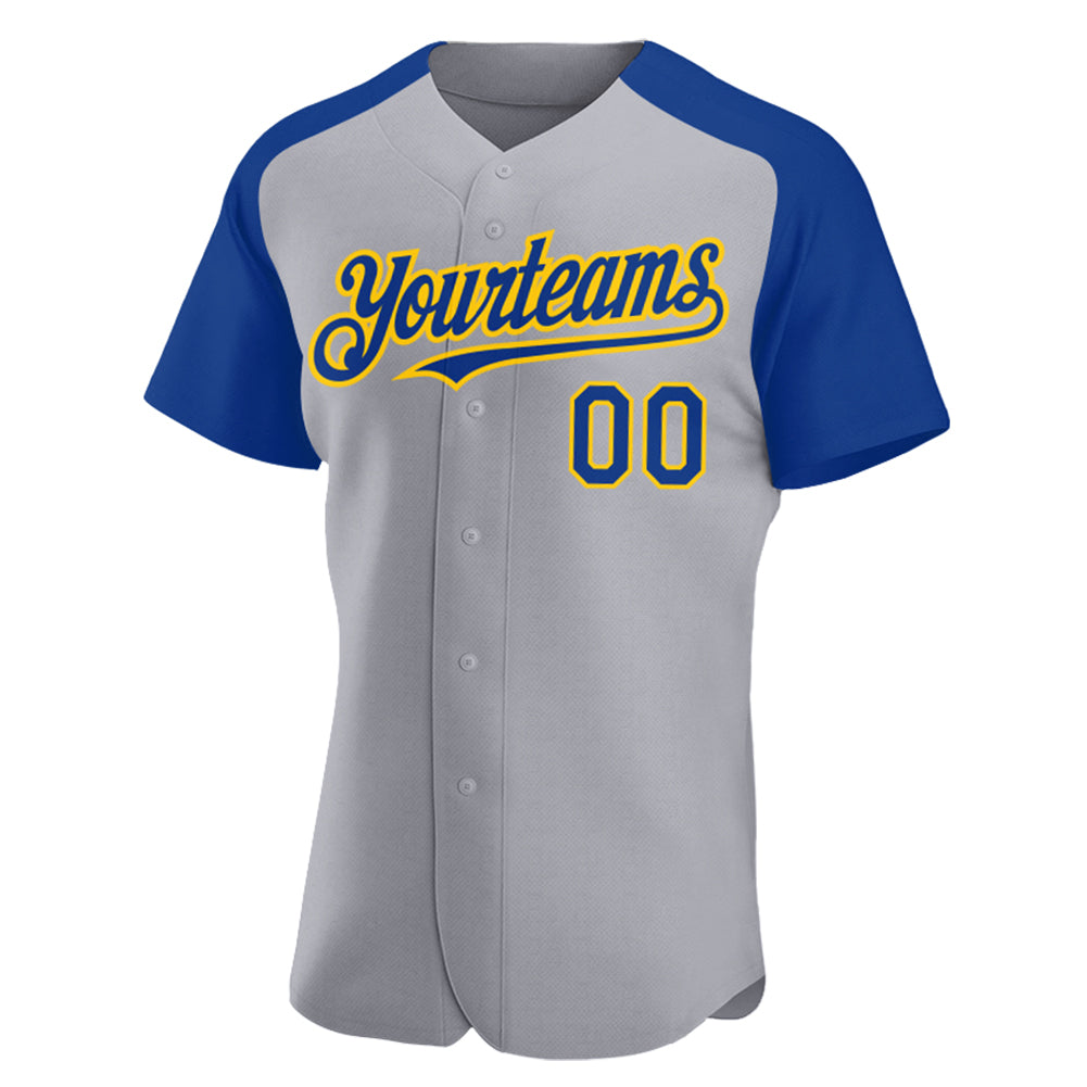 Custom Gray Royal-Yellow Authentic Raglan Sleeves Baseball Jersey T-Shirts, Hoodie, Sweatshirt | WearSparks.com (Image 2)