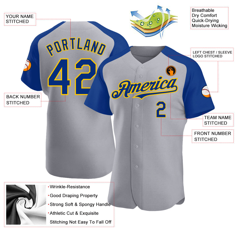 Custom Gray Royal-Yellow Authentic Raglan Sleeves Baseball Jersey T-Shirts, Hoodie, Sweatshirt | WearSparks.com (Image 3)
