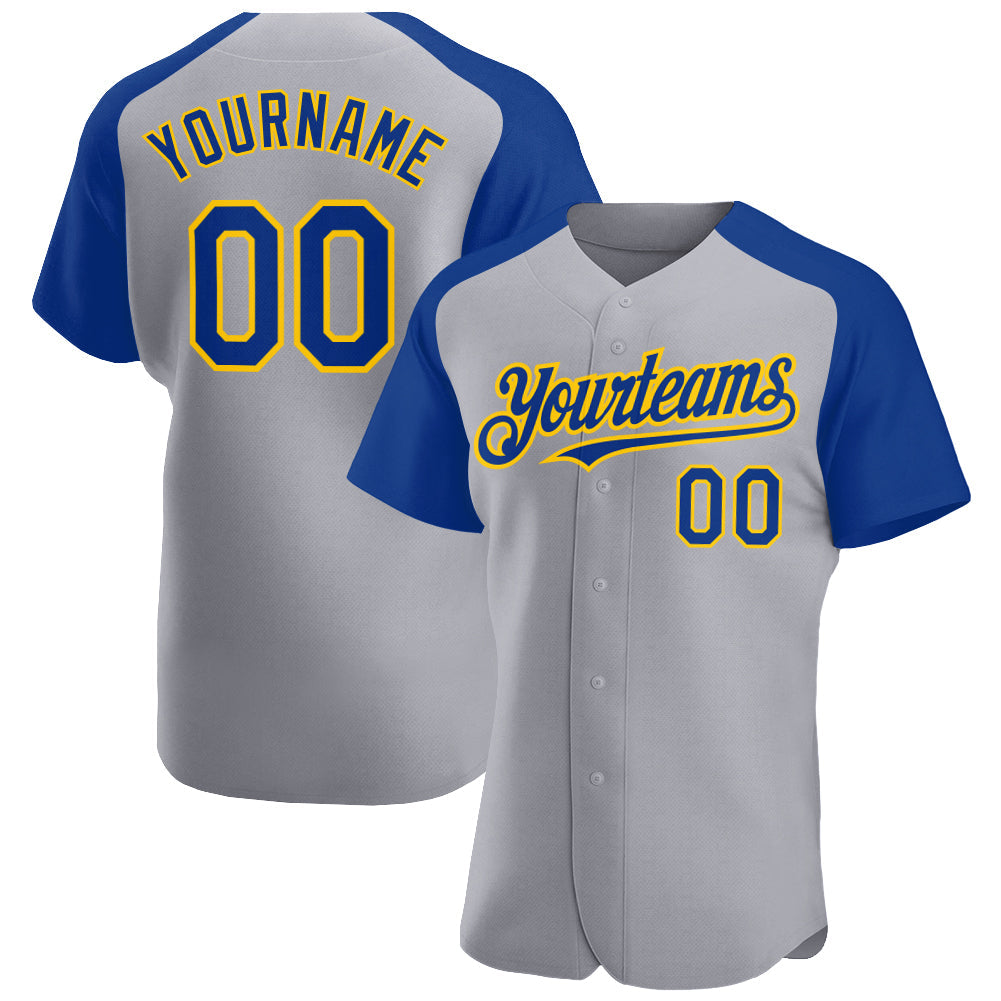Custom Gray Royal-Yellow Authentic Raglan Sleeves Baseball Jersey T-Shirts, Hoodie, Sweatshirt | WearSparks.com (Image 1)