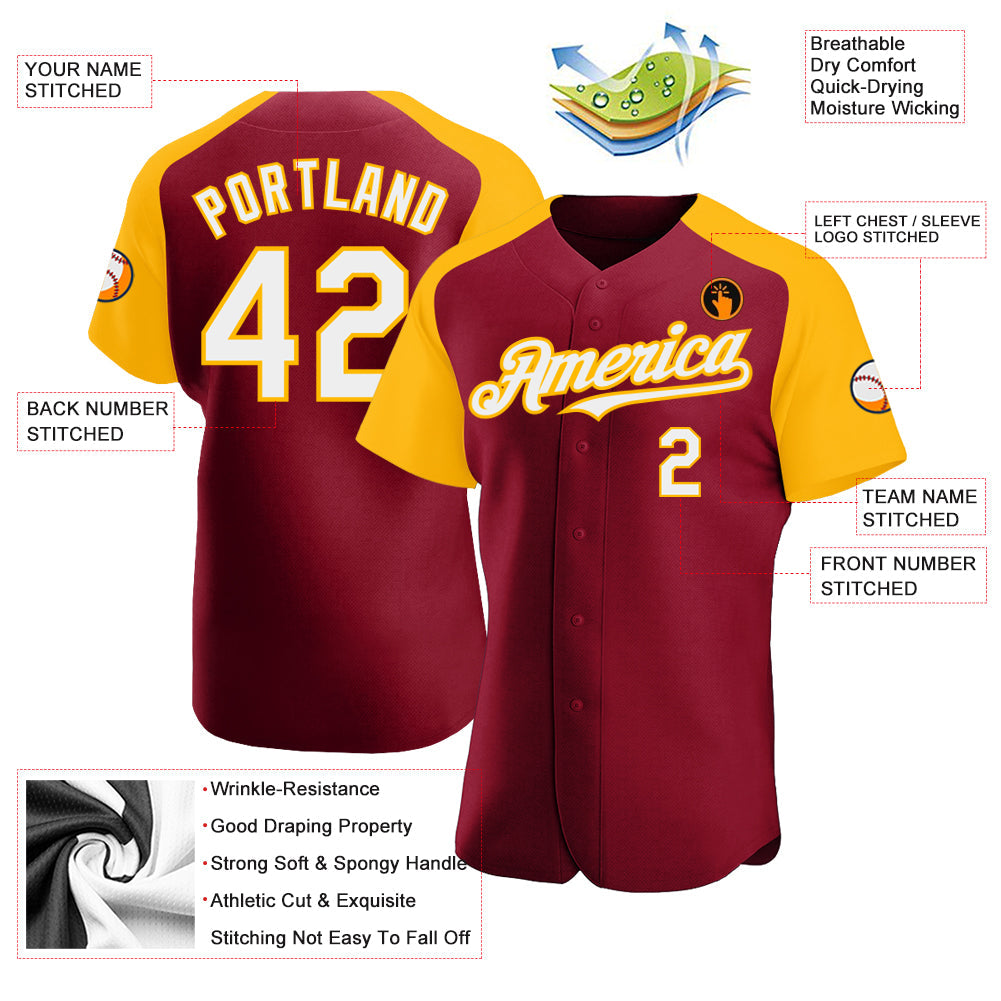 Custom Crimson White-Gold Authentic Raglan Sleeves Baseball Jersey T-Shirts, Hoodie, Sweatshirt | WearSparks.com (Image 3)