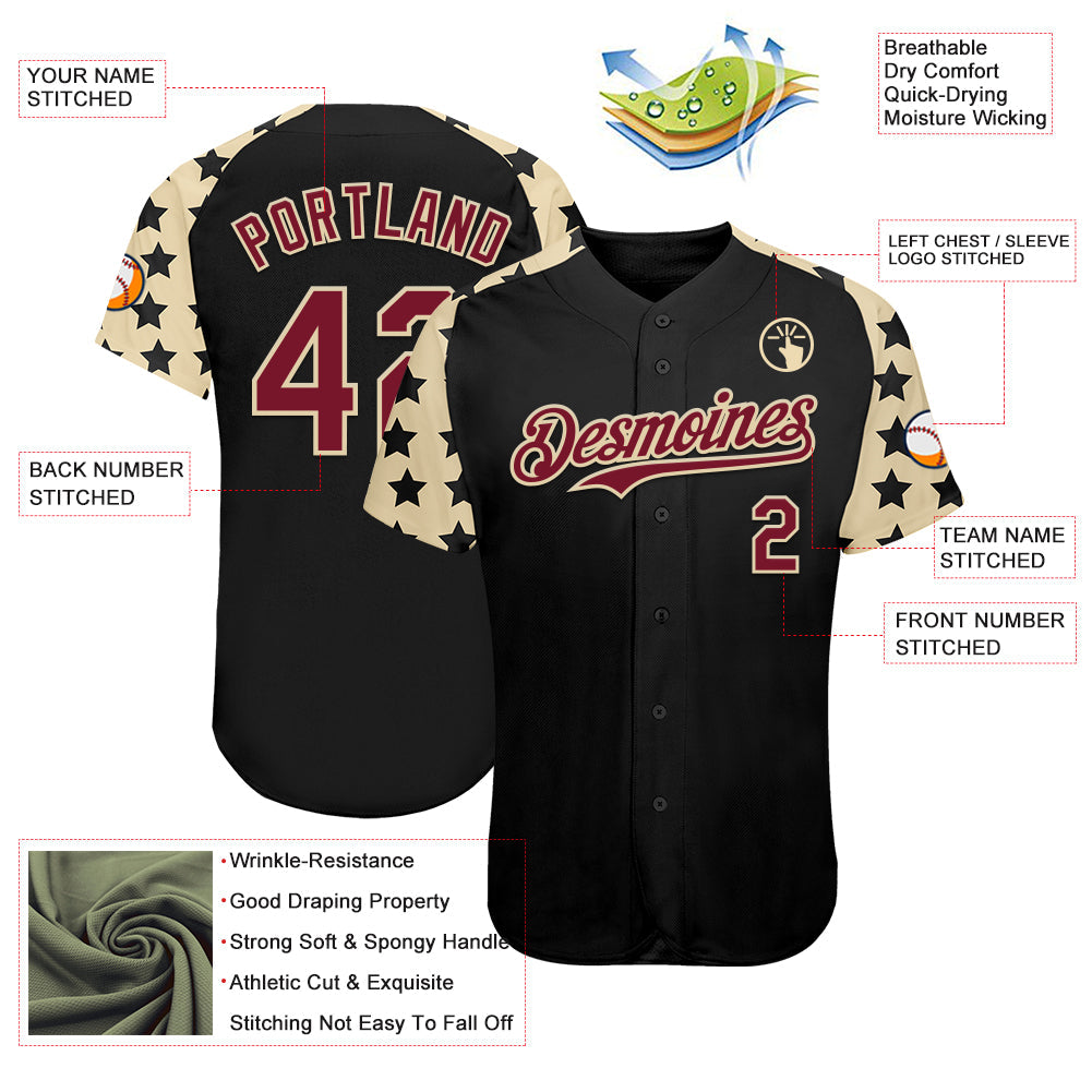 Custom Black Crimson-Cream Star Raglan Sleeves Authentic Baseball Jersey