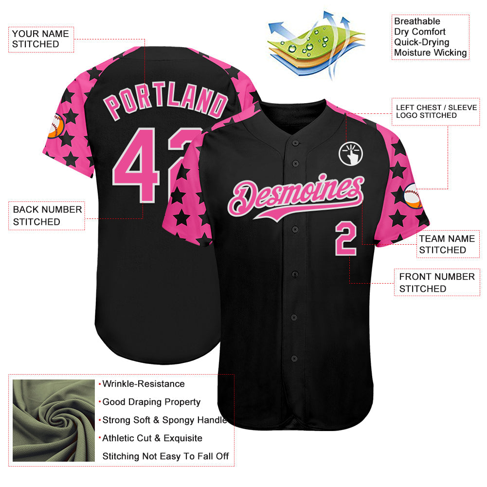 Custom Black Pink-White Star Raglan Sleeves Authentic Baseball Jersey